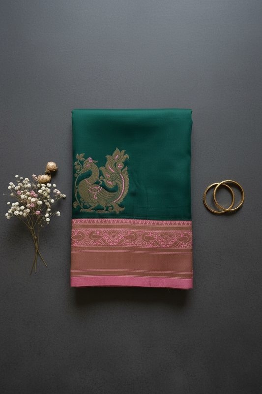 Dark green and pink Kanchi soft silk saree