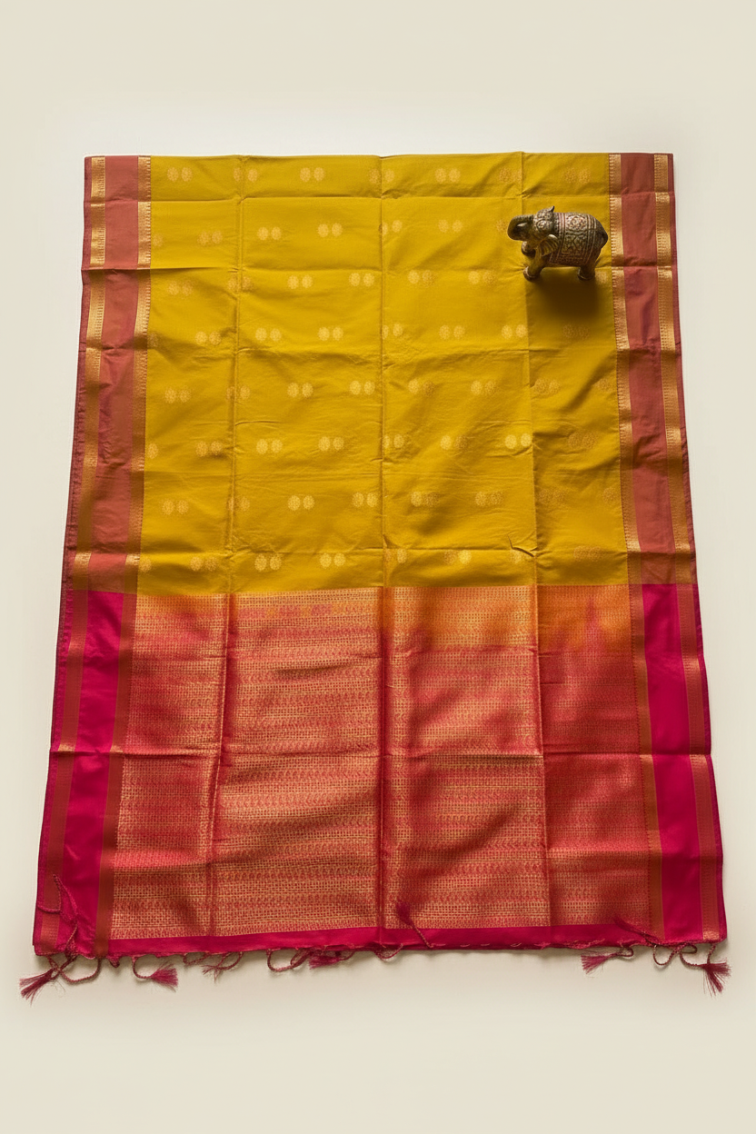 Mustard gold with Pink Semi Silk Saree