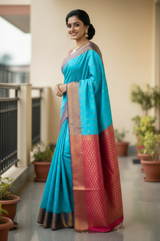 Blue and Pink Vertical Strips Silk Saree