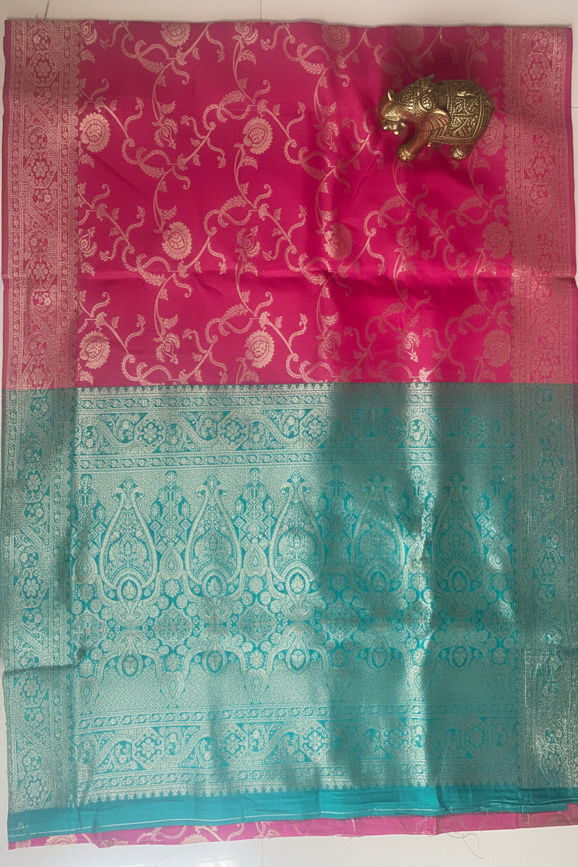 Pink and Teal Soft Silk Saree