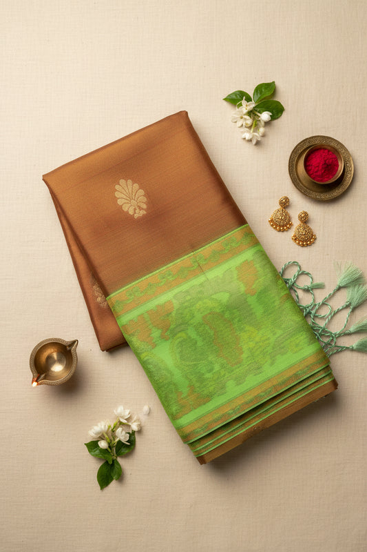 Brown and Green Semi Silk Saree