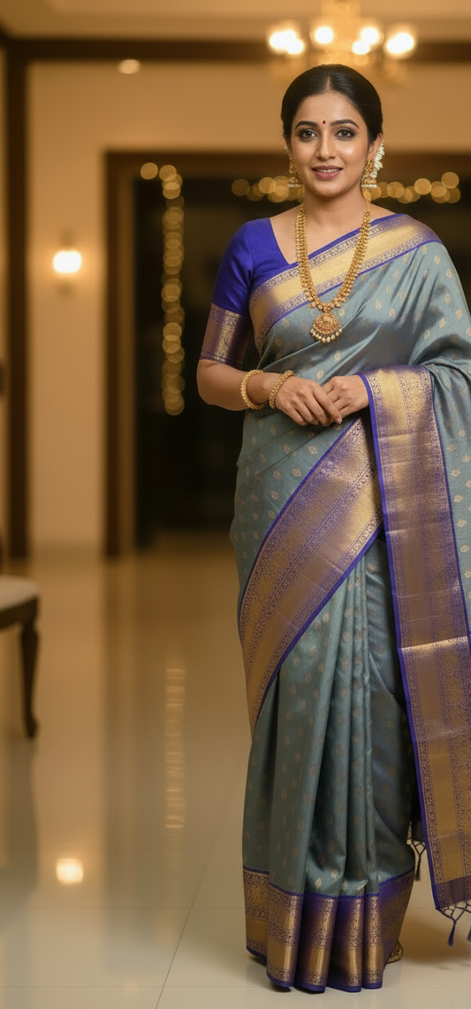 Blue Zari Motifs Semi Silk Saree