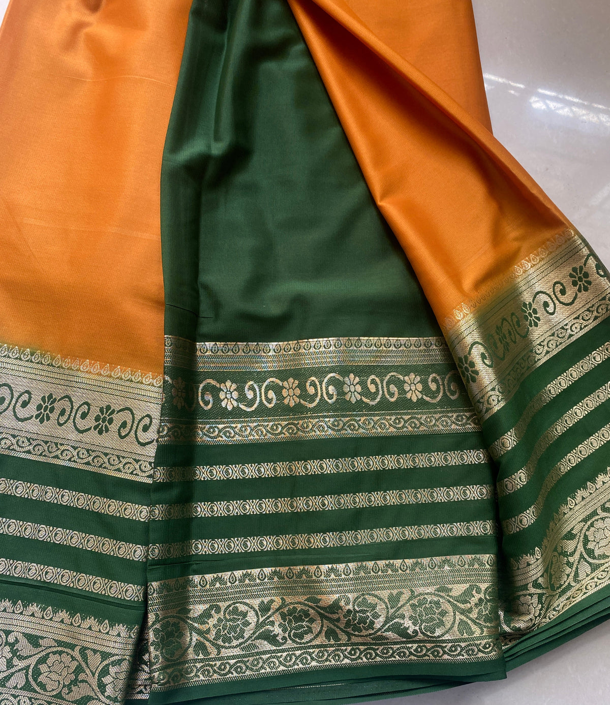 Yellow and Green Mysore Crape Silk Saree