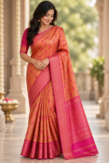 Orange & Pink Kanjivaram Soft Silk Saree