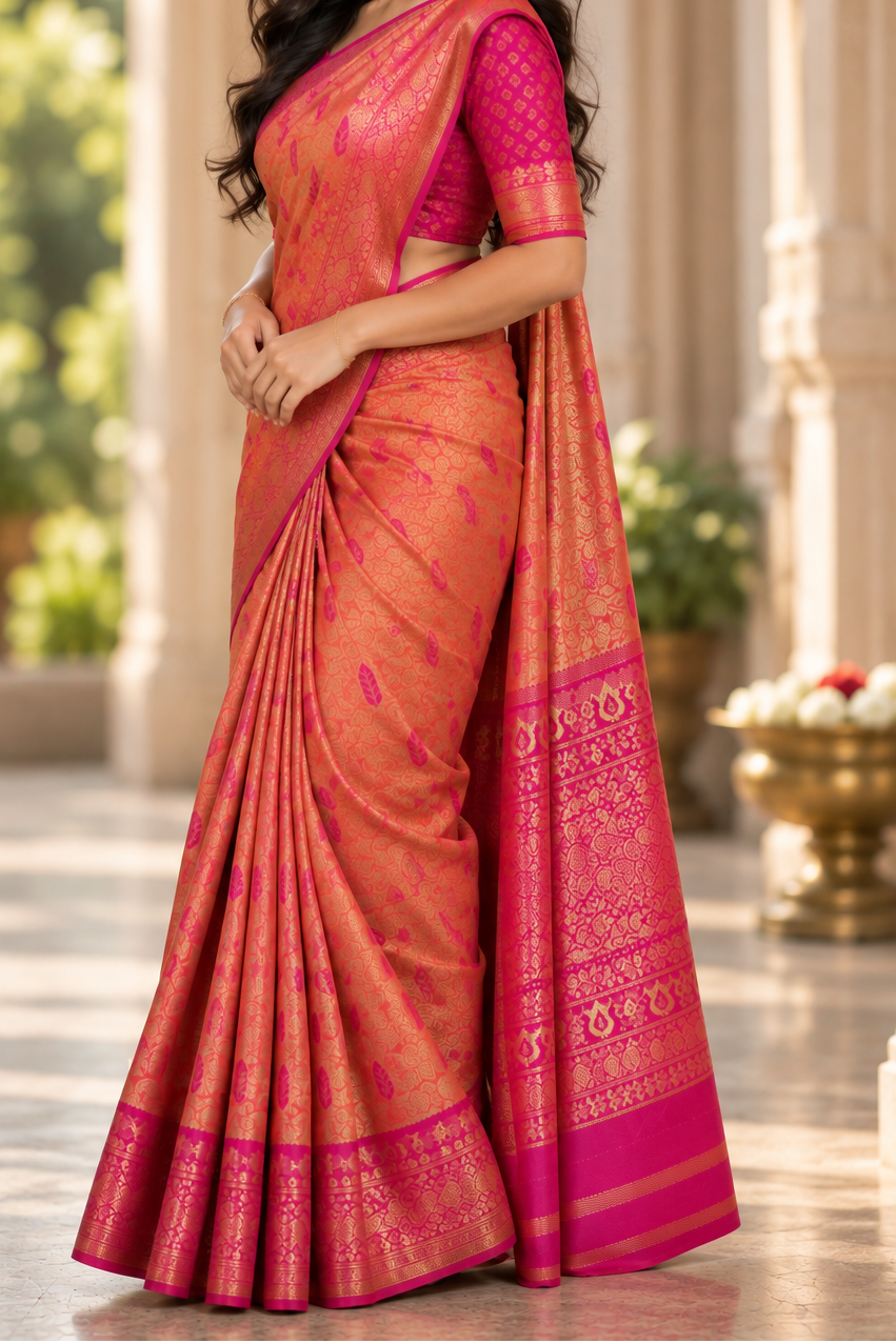 Orange & Pink Kanjivaram Soft Silk Saree