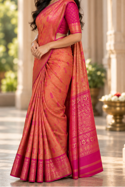 Orange & Pink Kanjivaram Soft Silk Saree