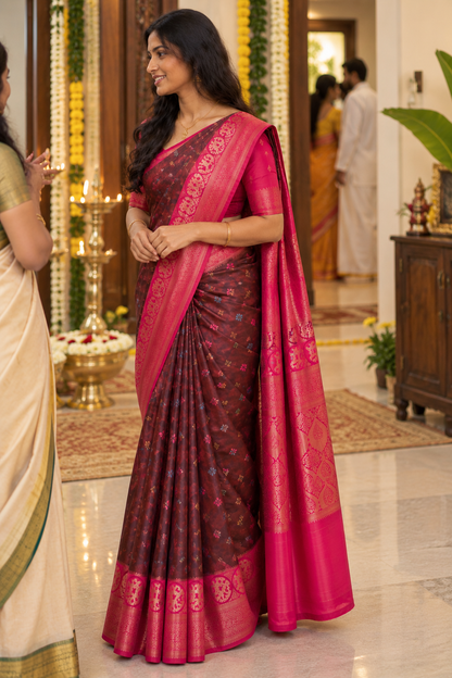 Brown & Pink Ikkat Silk Saree