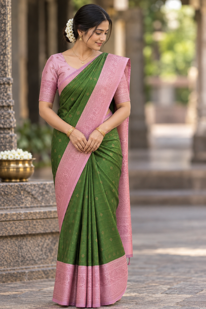 Green & Pink Kanchi Silk Saree