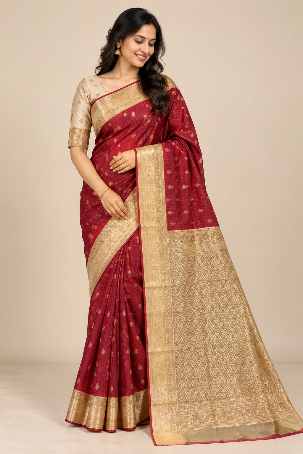 Maroon & Gold Kanchi Silk Saree