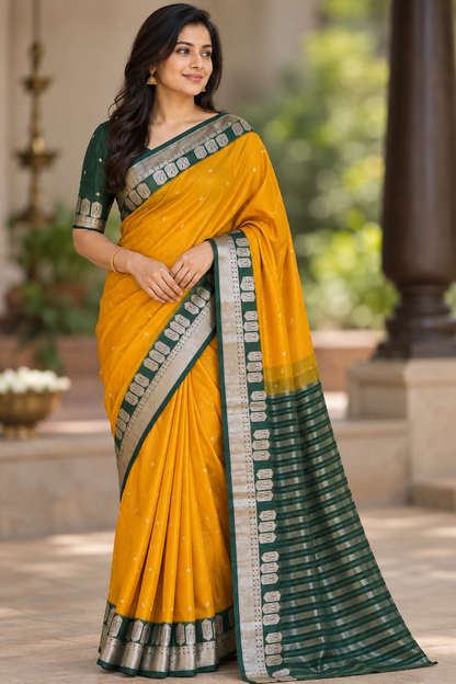 Yellow and Green Crepe Silk Saree