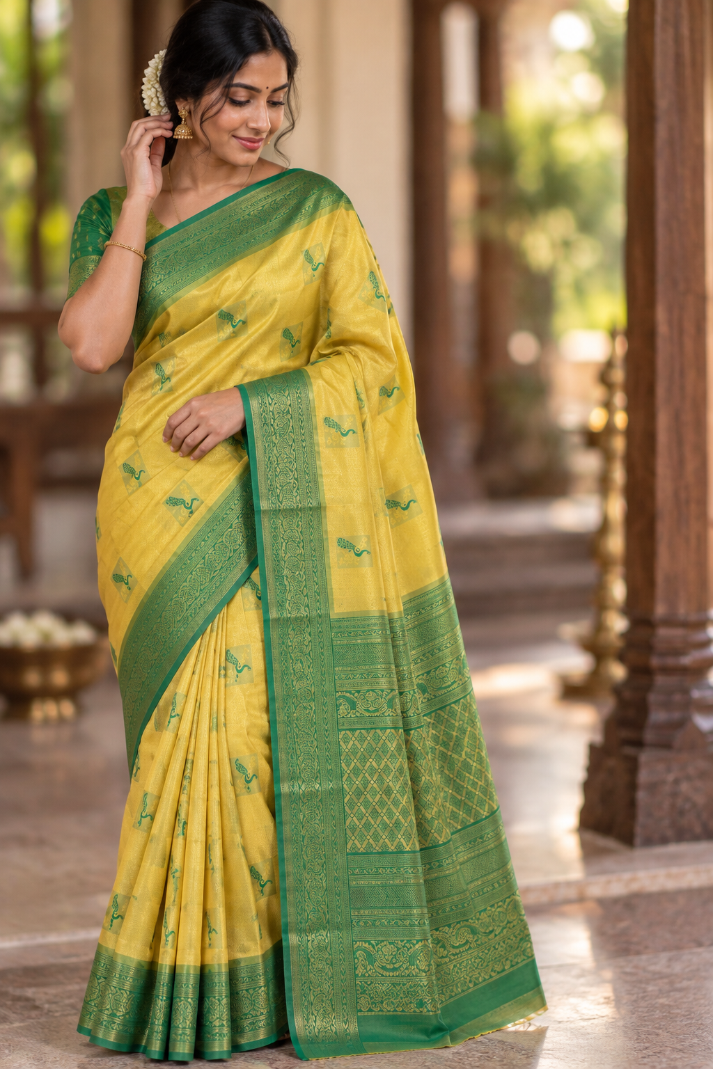 Yellow and Green Kanjivaram Soft Silk Saree