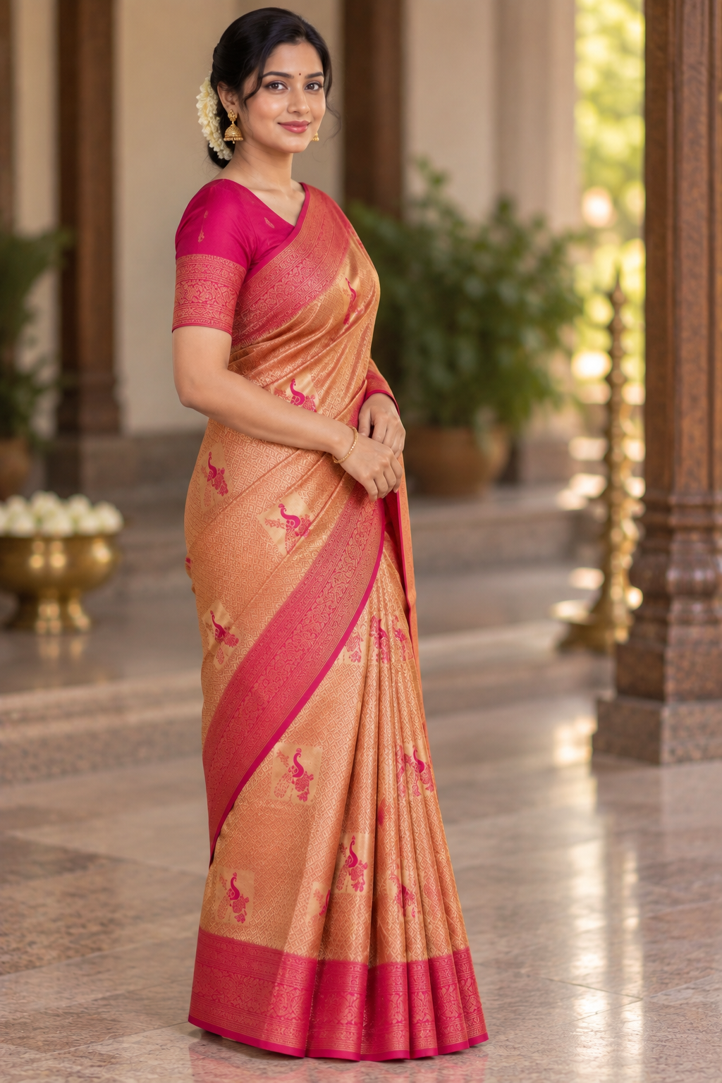 Copper-Orange and Pink Kanjivaram Soft Silk Saree