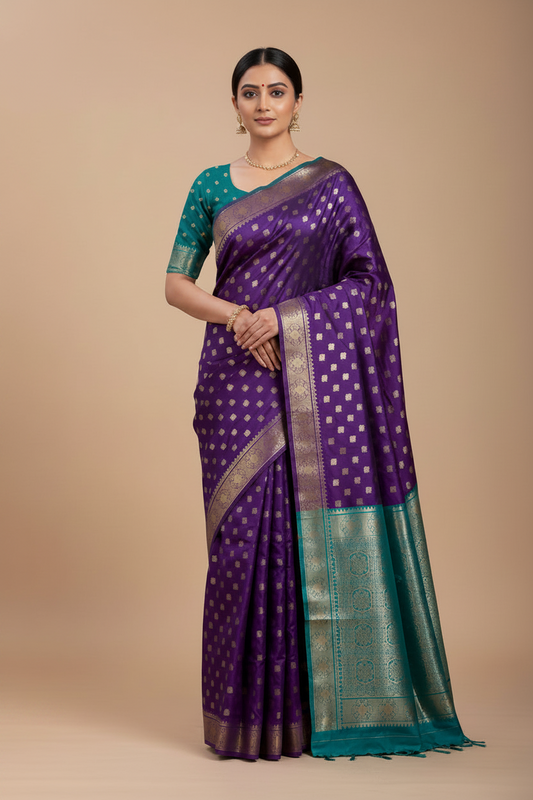 Purple and teal soft silk saree