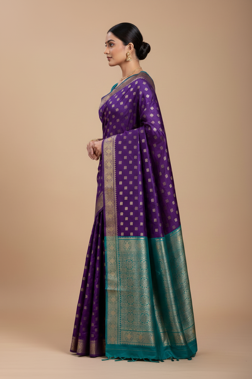 Purple and teal soft silk saree