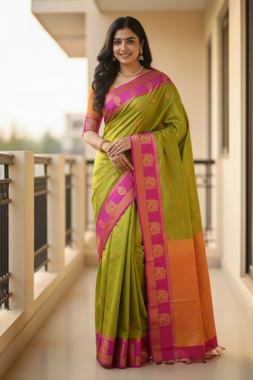 Green and magenta pink peacock motif saree