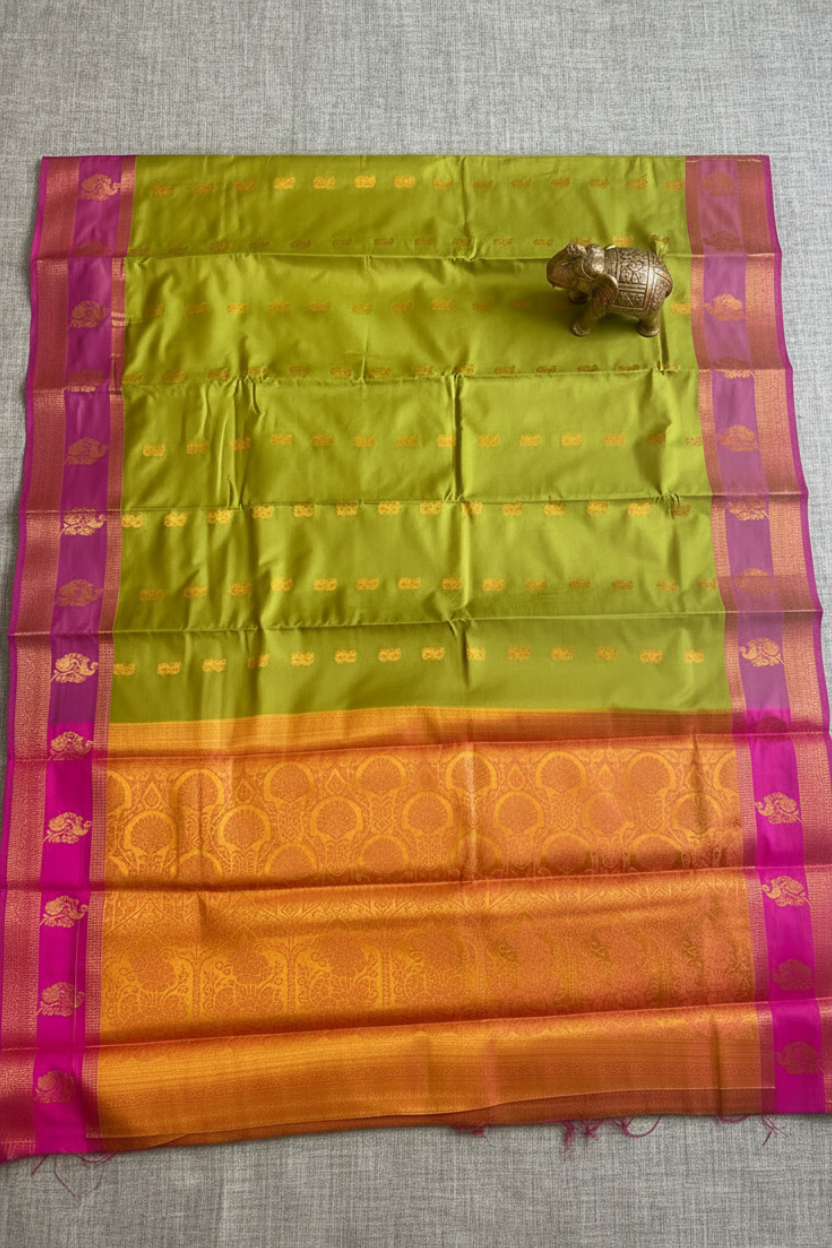 Green and magenta pink peacock motif saree