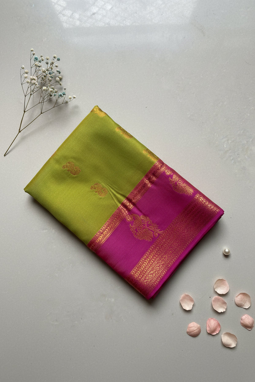Green and magenta pink peacock motif saree