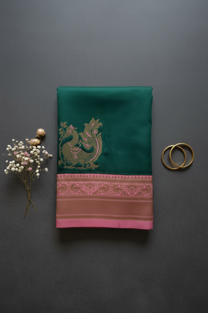 Dark green and pink Kanchi soft silk saree