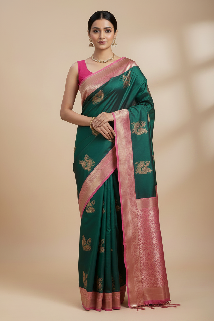 Dark green and pink Kanchi soft silk saree