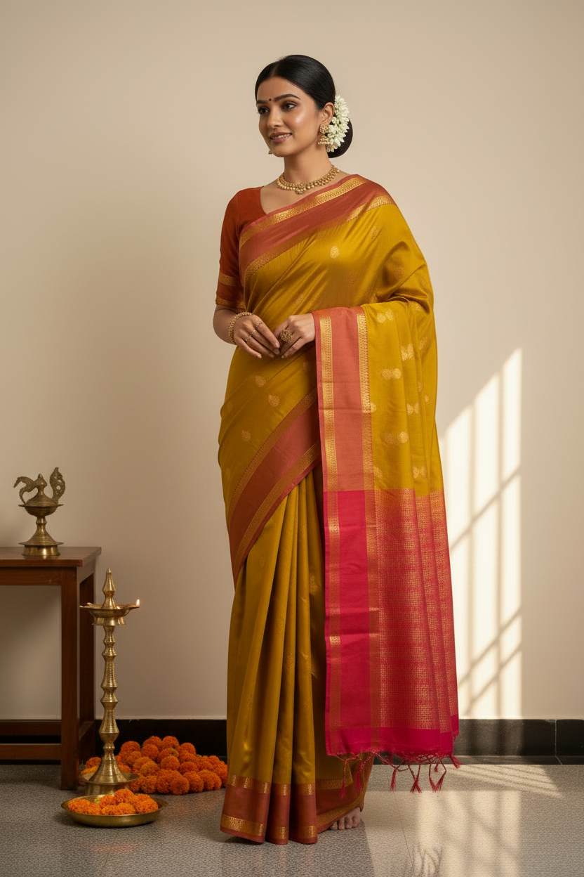 Mustard gold with Pink Semi Silk Saree