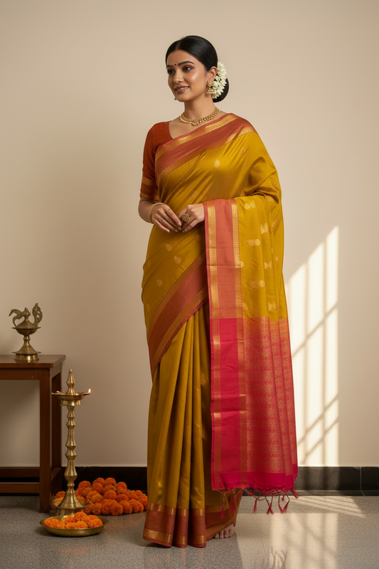 Mustard gold with Pink Semi Silk Saree