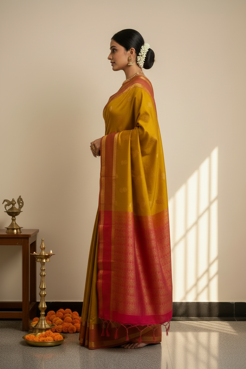Mustard gold with Pink Semi Silk Saree