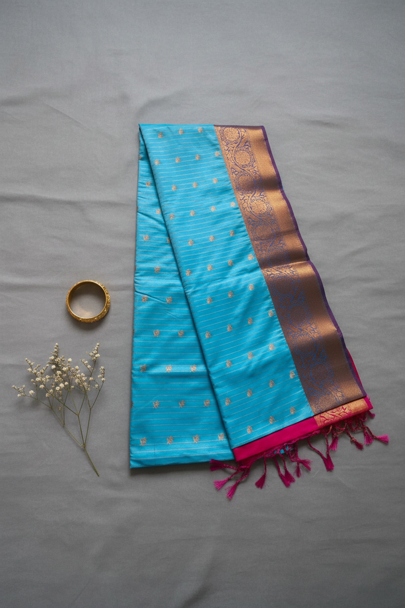 Blue and Pink Vertical Strips Silk Saree