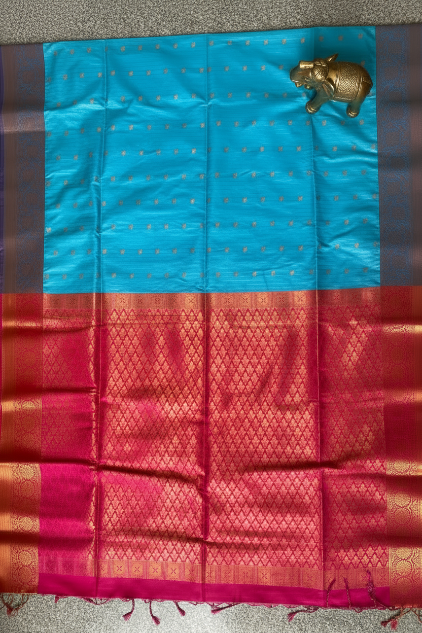 Blue and Pink Vertical Strips Silk Saree