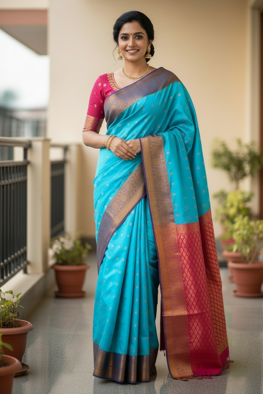 Blue and Pink Vertical Strips Silk Saree