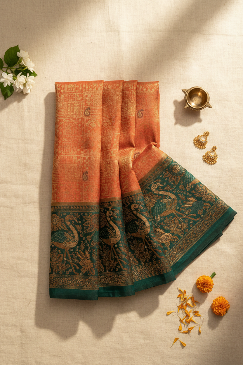 Orange and Green Kanjivaram Saree