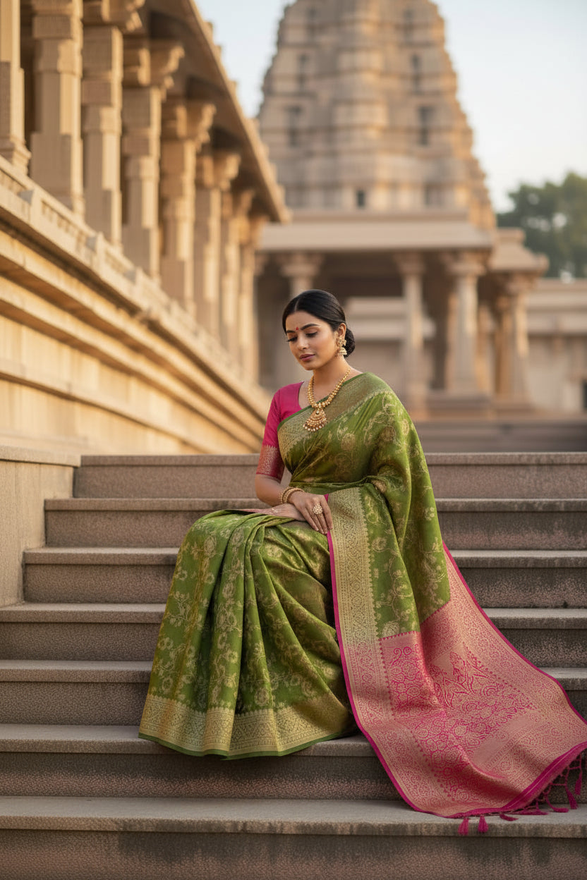 Green and Pink Soft Silk Saree