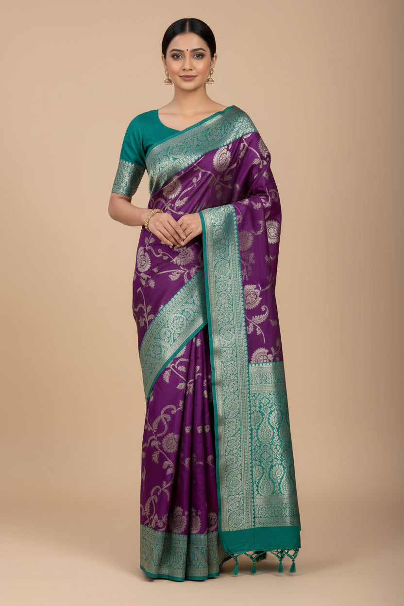 Purple and Teal Soft Silk Saree