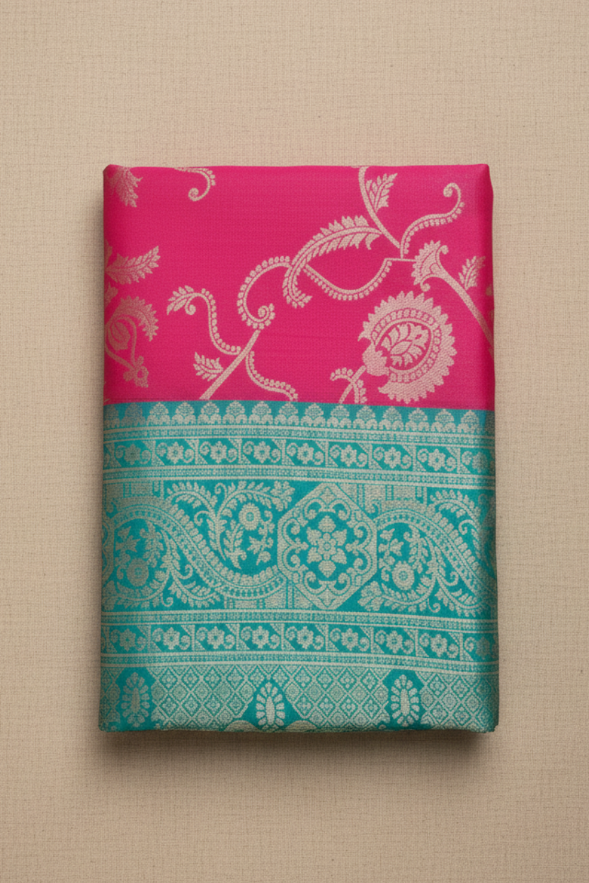 Pink and Teal Soft Silk Saree