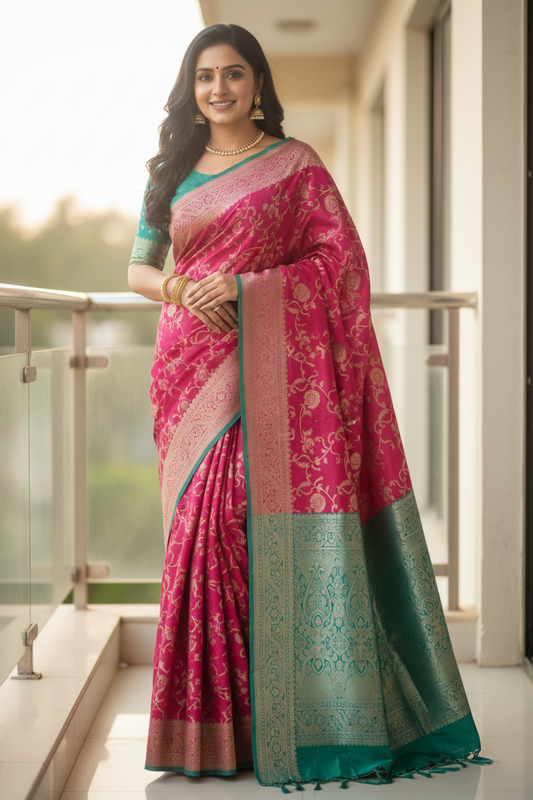 Pink and Teal Soft Silk Saree