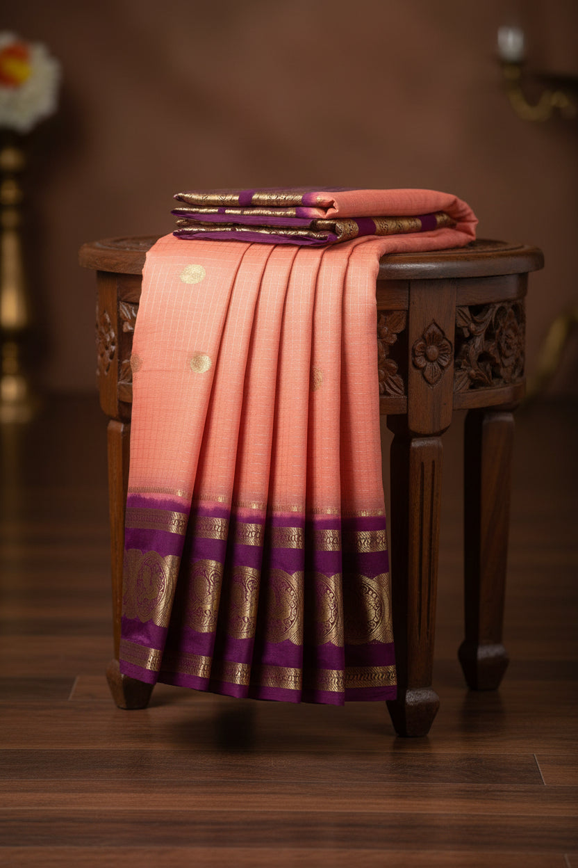 Peach and Purple Crepe Georgette Saree