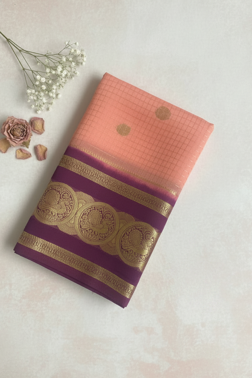 Peach and Purple Crepe Georgette Saree