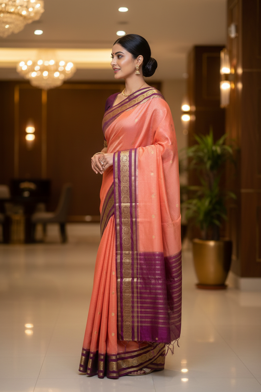 Peach and Purple Crepe Georgette Saree
