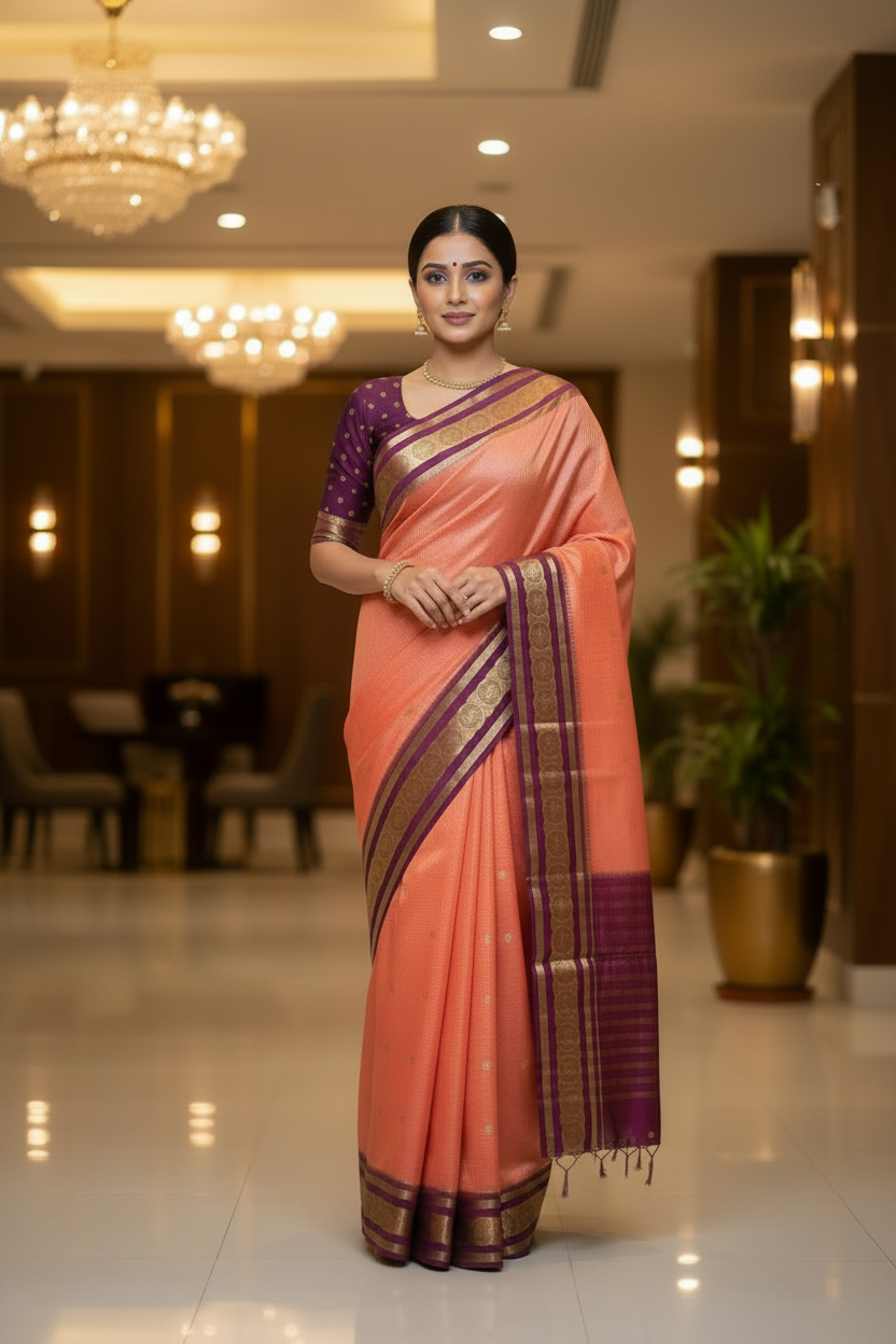 Peach and Purple Crepe Georgette Saree