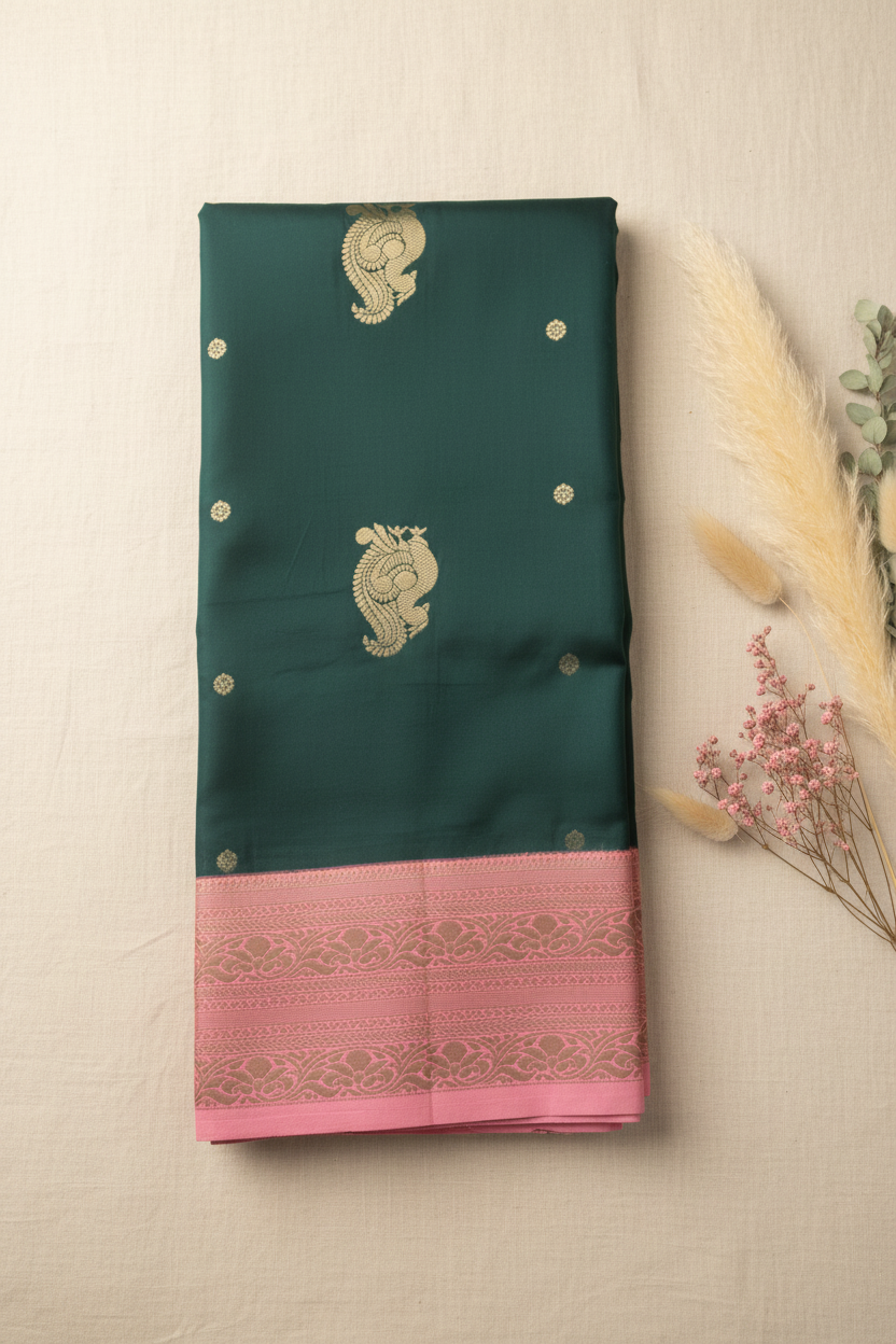 Dark Green and Pink soft silk saree