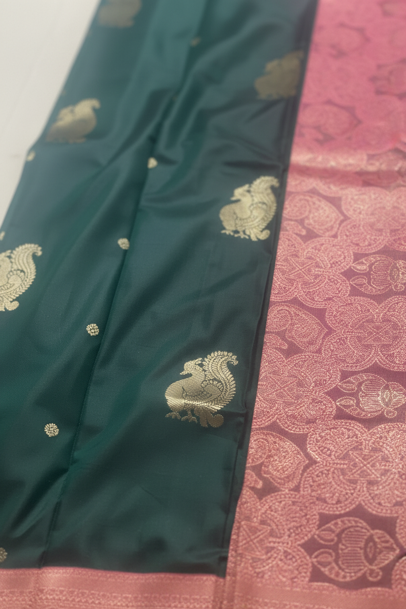 Dark Green and Pink soft silk saree