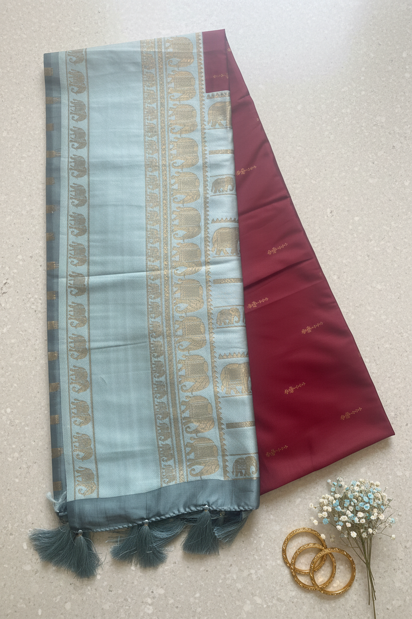 Maroon and Aqua Blue Soft Silk Saree