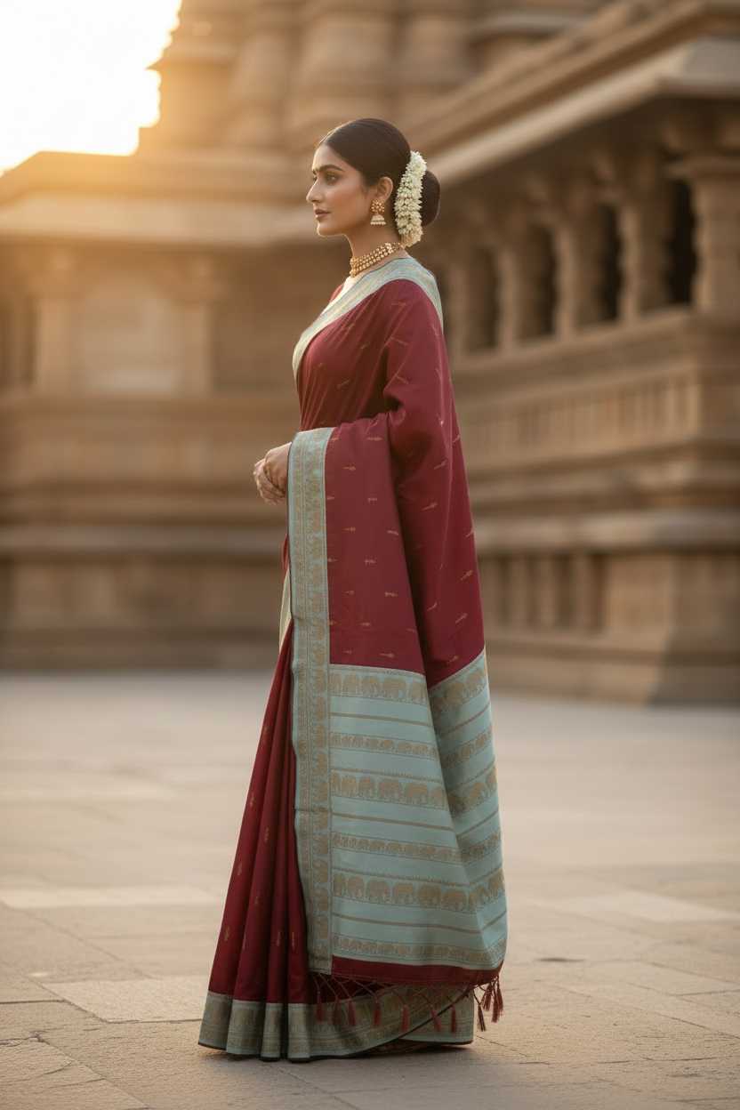 Maroon and Aqua Blue Soft Silk Saree