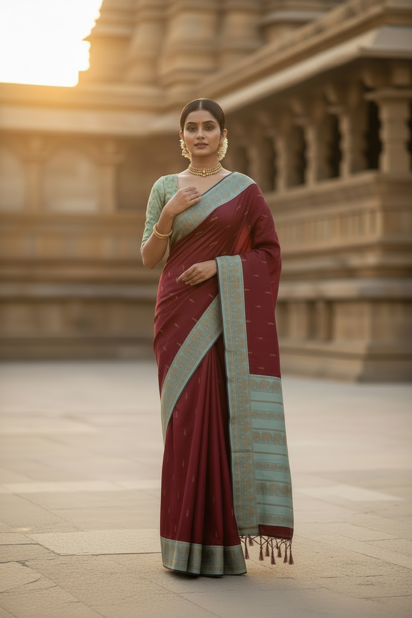 Maroon and Aqua Blue Soft Silk Saree