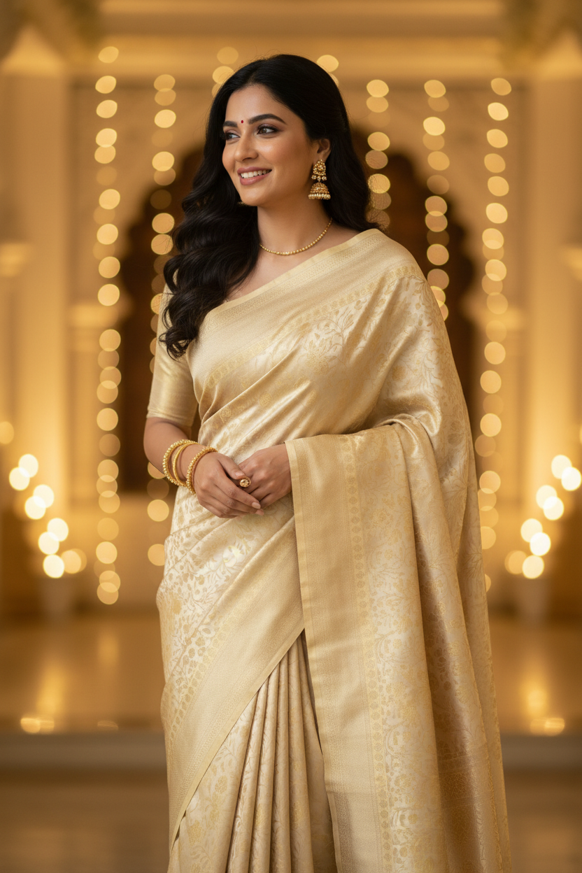 Beige and Gold Kanchi Soft Tissue Silk Saree