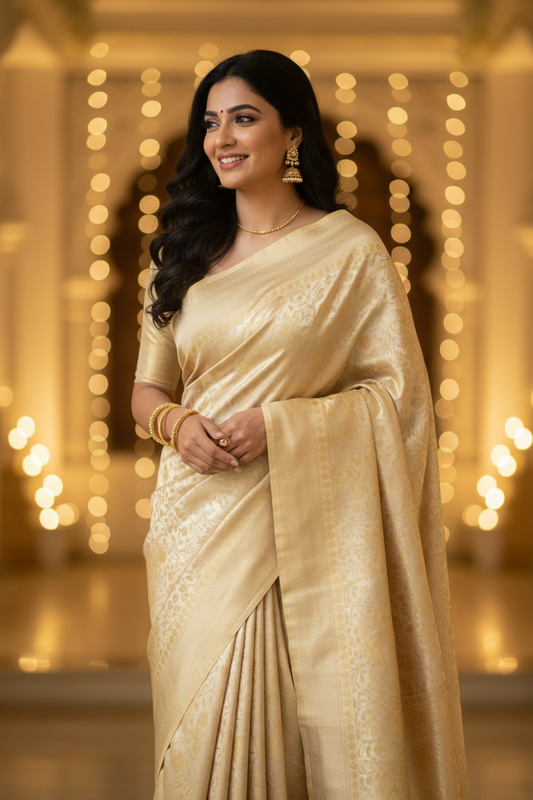 Beige and Gold Kanchi Soft Tissue Silk Saree