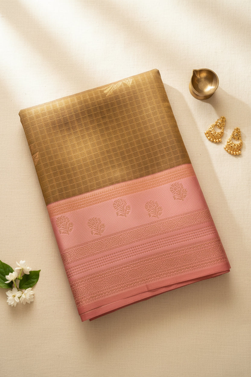 Golden-brown  and Pink Semi Silk Saree
