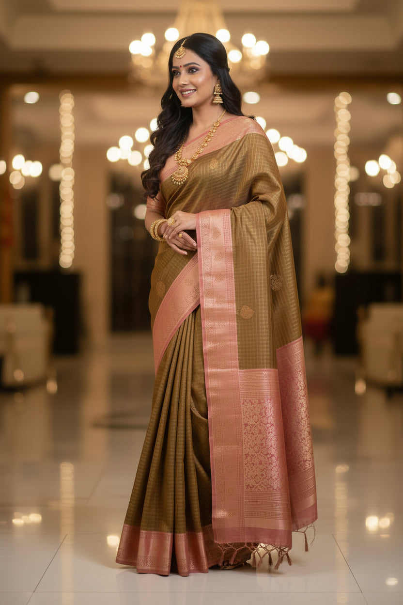Golden-brown  and Pink Semi Silk Saree