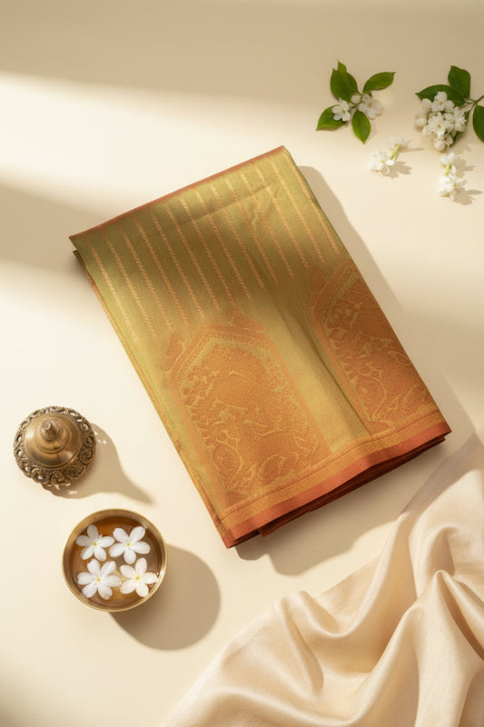 Two Shaded Gold and Green Semi Silk Saree