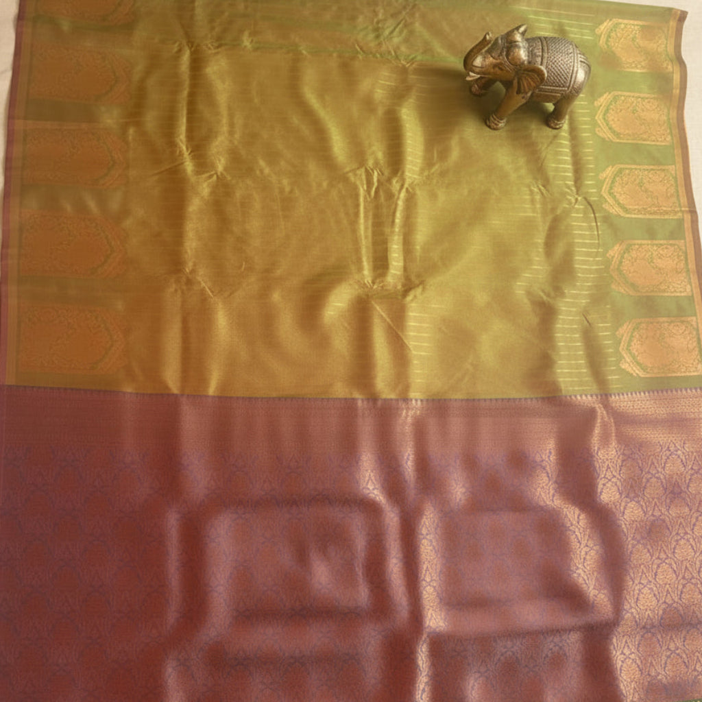 Two Shaded Gold and Green Semi Silk Saree