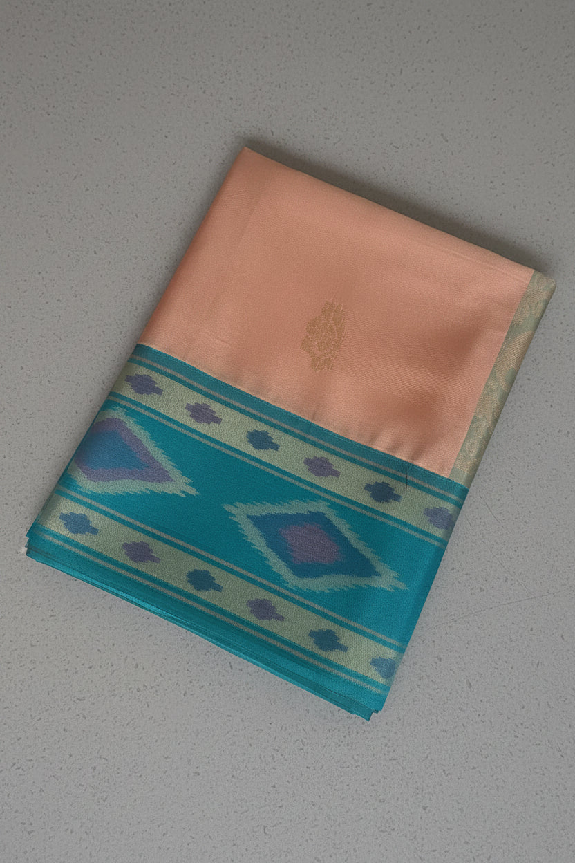 Peach and teal green Semi Silk Saree